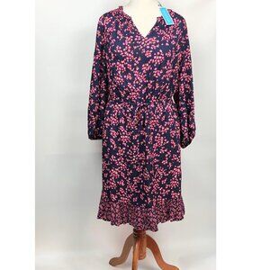 Draper James Lucinda Popover Dress Navy w/ Pink Flowers Ruffles Vneck 2X NWT